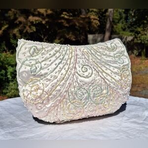 Vintage Magid White Satin & Pastel Rainbow Beaded Clutch Bag
